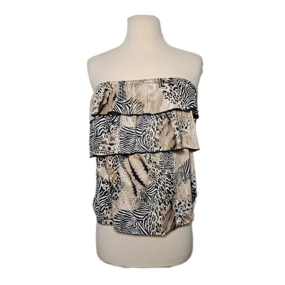 Dots Women Strapless Halter Leopard Zebra Animal Ruffle Black Tan Blouse Tops - Picture 14 of 14